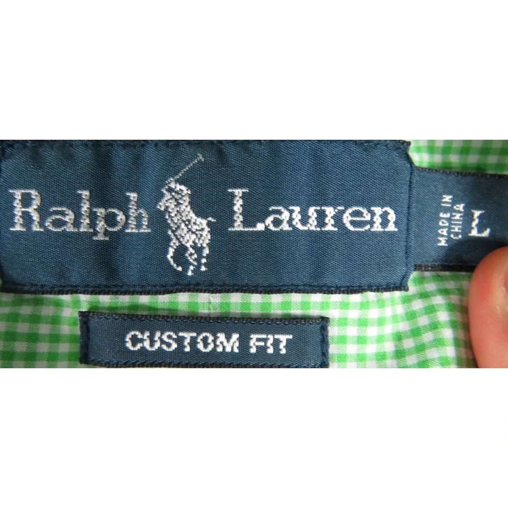 Polo Ralph Lauren Shirt Men L Green White Gingham Check Custom Fit Orange Pony